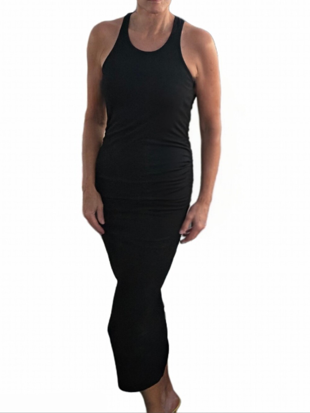MICHAEL STARS Vivian Black Racerback Midi Dress With Side Ruching - Picture 2 of 13
